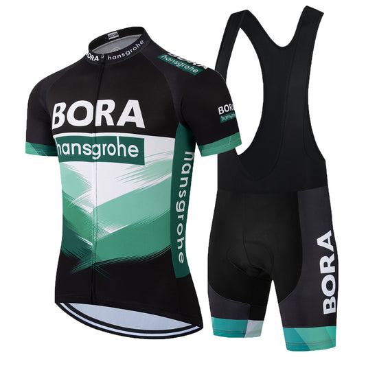 Black green breathable short sleeve BORA–Hansgrohe men cycling jersey set