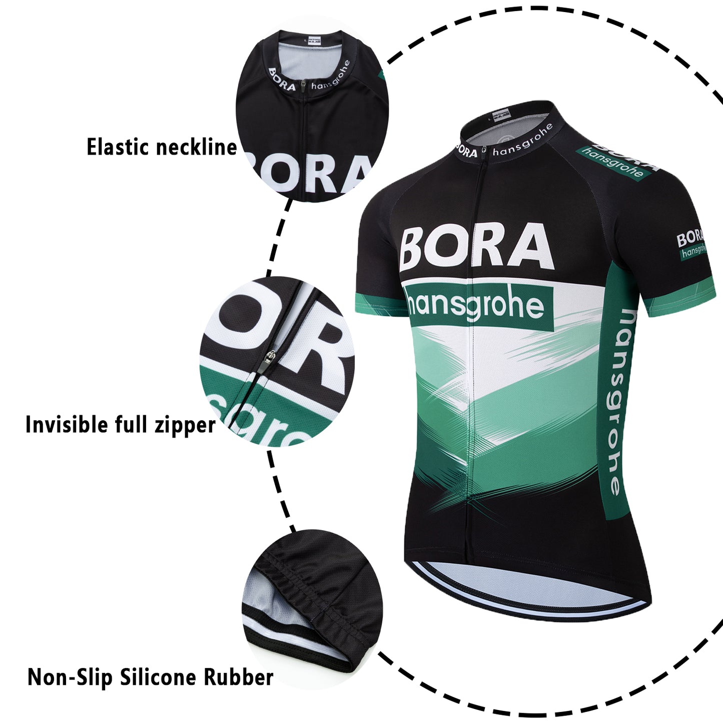 Black green breathable short sleeve BORA–Hansgrohe men cycling jersey set