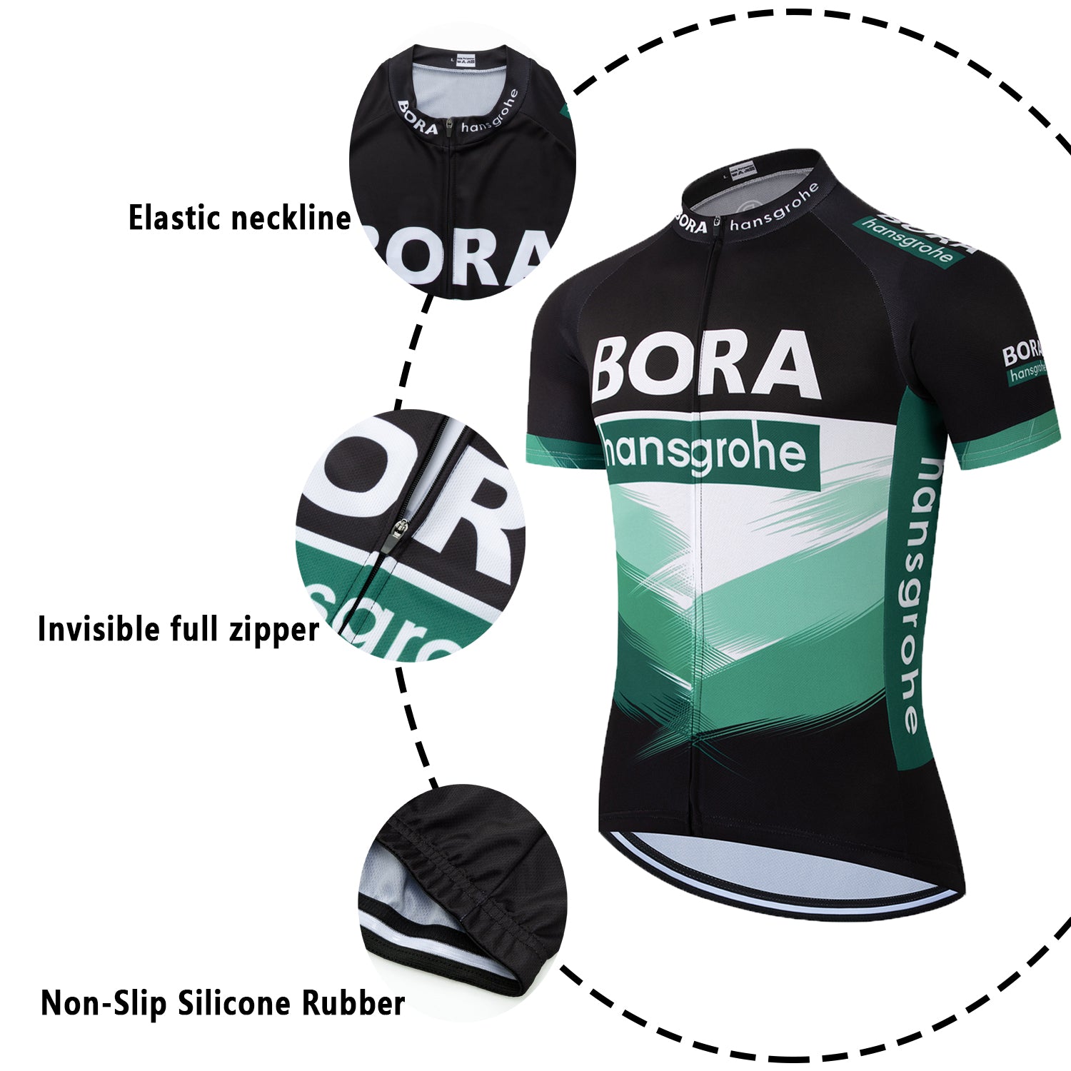 Black green breathable short sleeve BORA–Hansgrohe men cycling jersey set