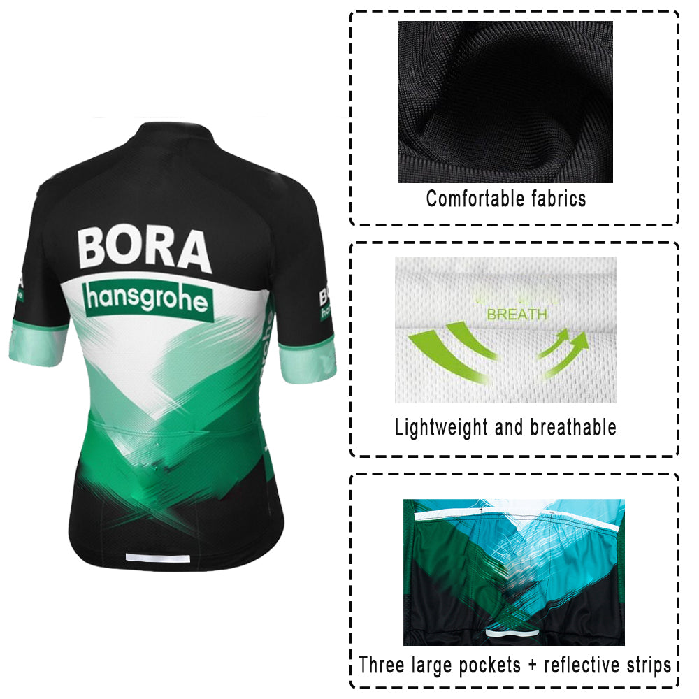 Black green breathable short sleeve BORA–Hansgrohe men cycling jersey set