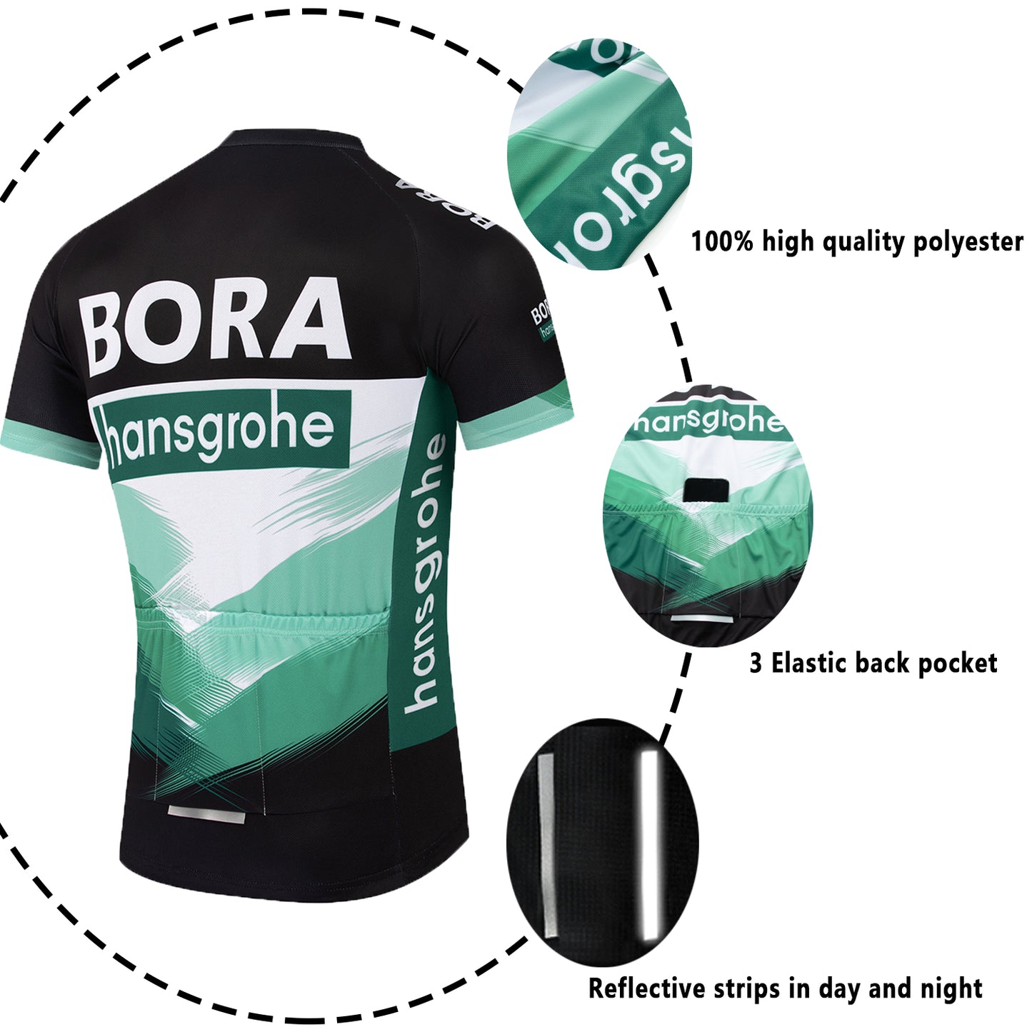 Black green breathable short sleeve BORA–Hansgrohe men cycling jersey set