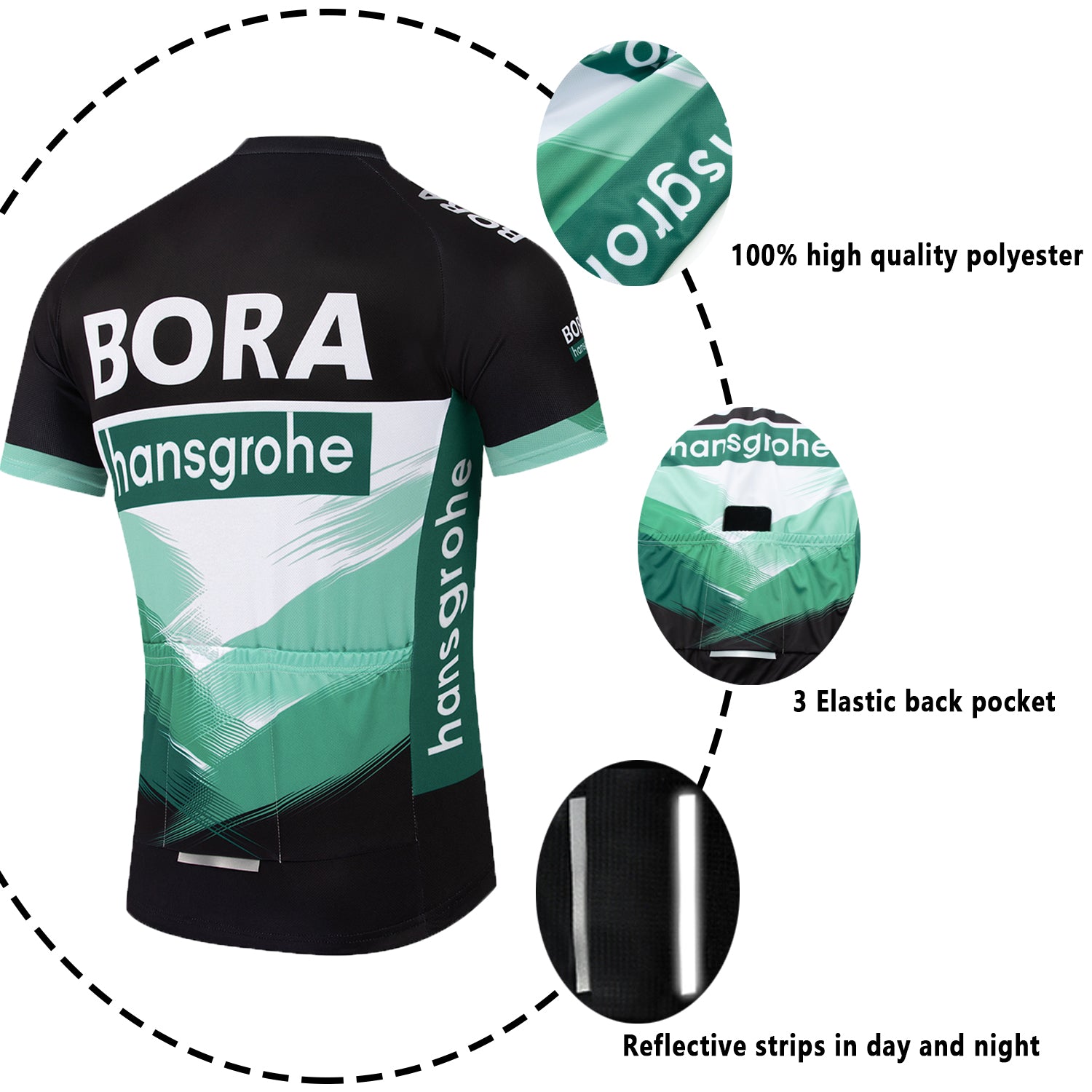 Black green breathable short sleeve BORA–Hansgrohe men cycling jersey set