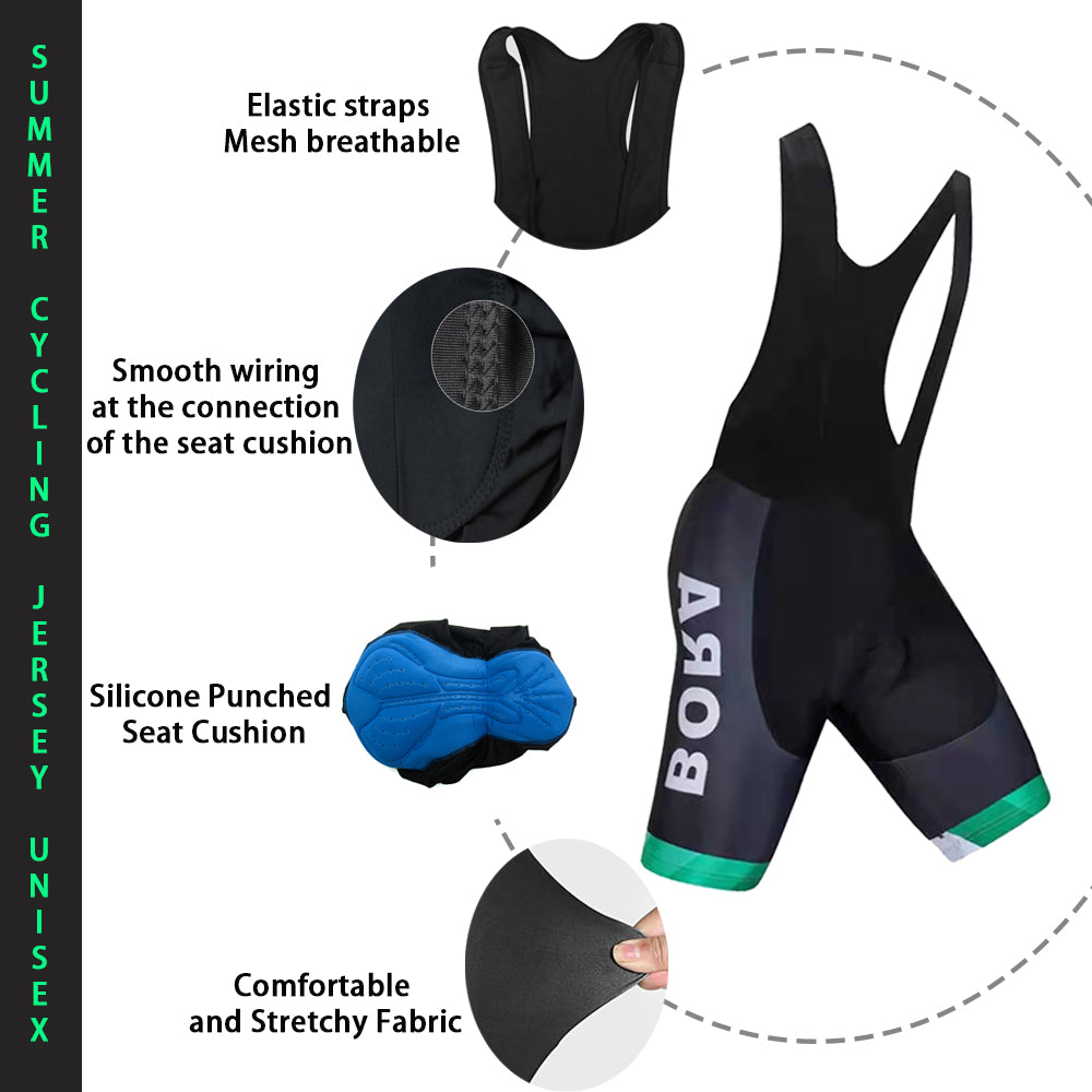 Black green breathable short sleeve BORA–Hansgrohe men cycling jersey set