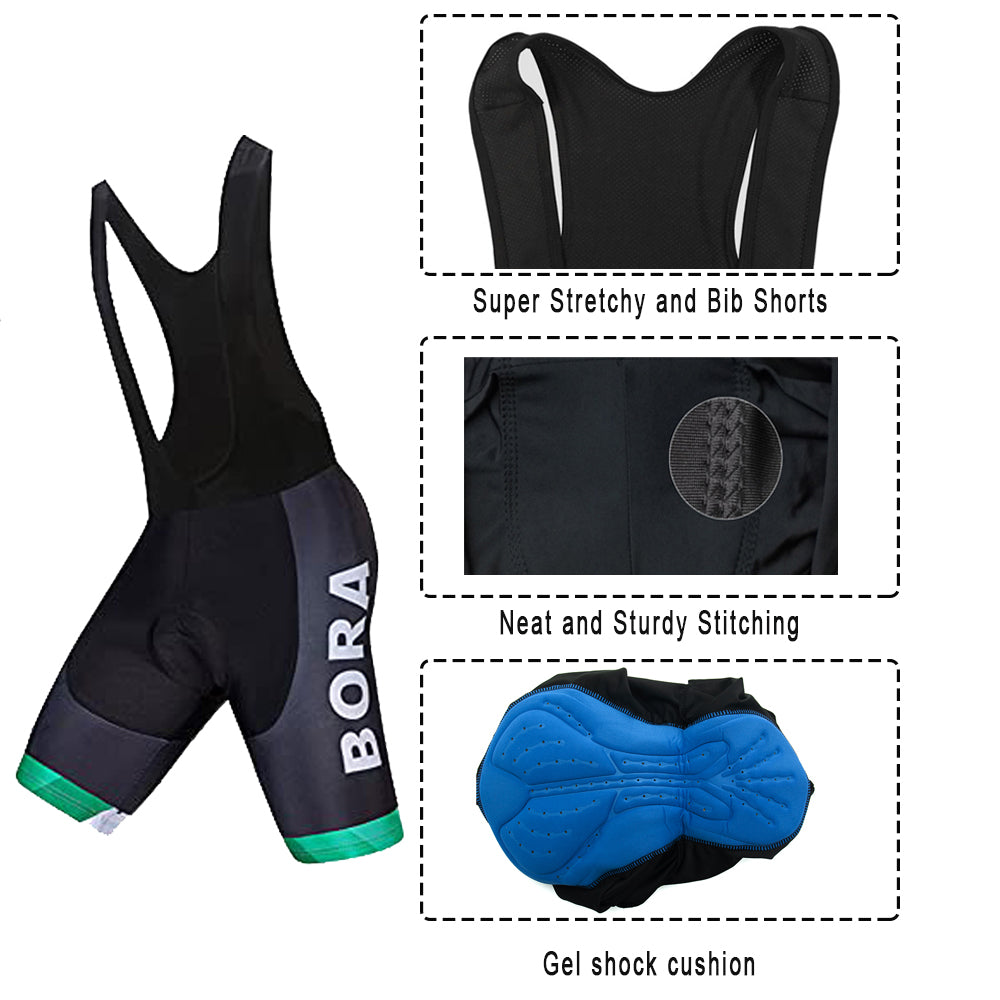 Black green breathable short sleeve BORA–Hansgrohe men cycling jersey set
