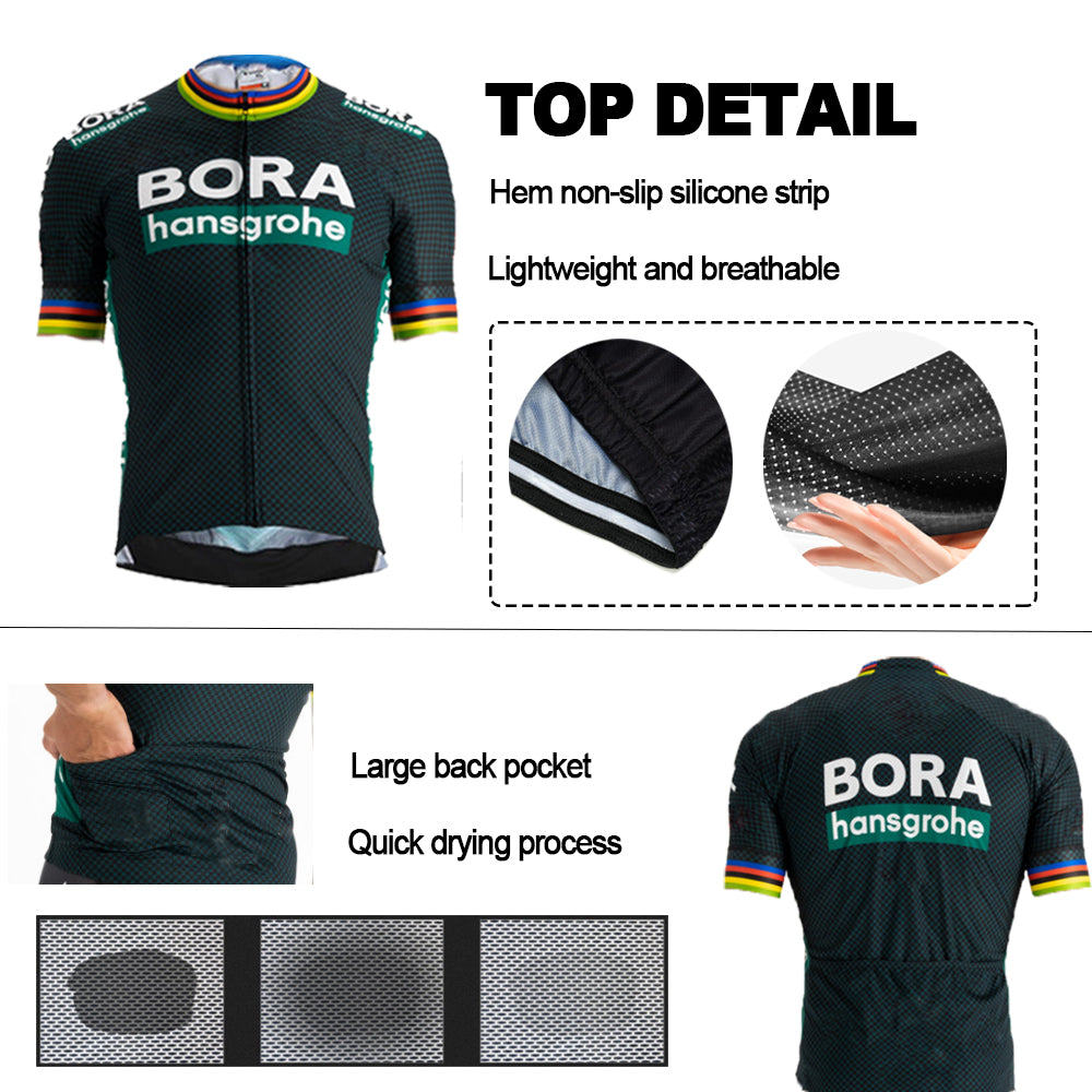 Dark green breathable short sleeve BORA–Hansgrohe men cycling jersey set