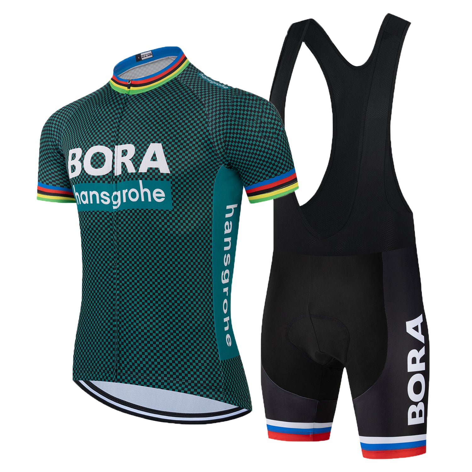 Dark green breathable short sleeve BORA–Hansgrohe men cycling jersey set