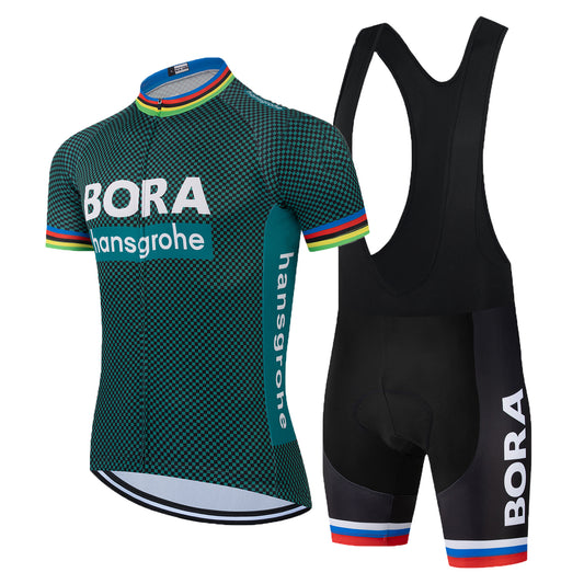 Dark green breathable short sleeve BORA–Hansgrohe men cycling jersey set