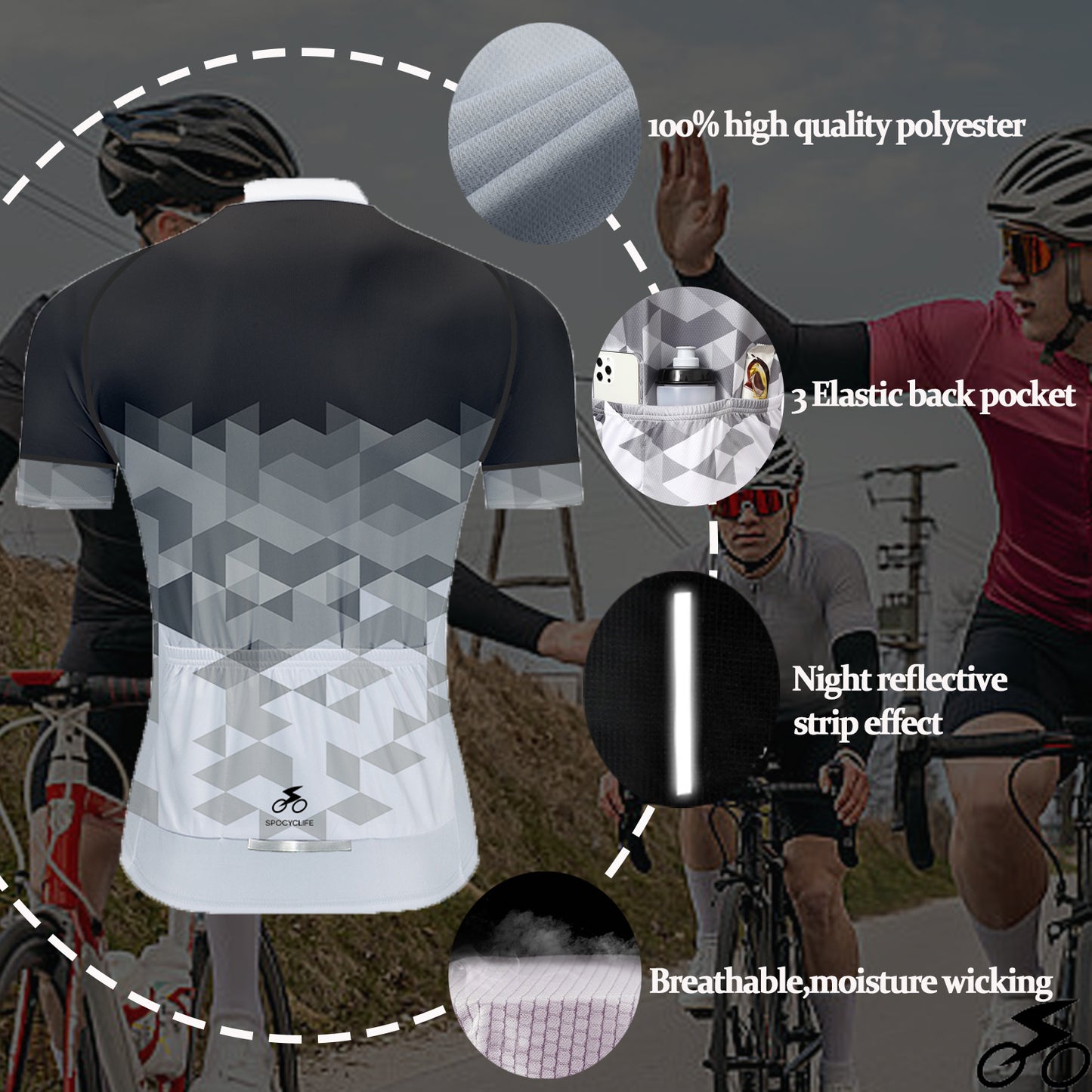 Men Quick Dry Breathable Short Sleeve Cycling Jersey Set With 3D Gel Padded Black White