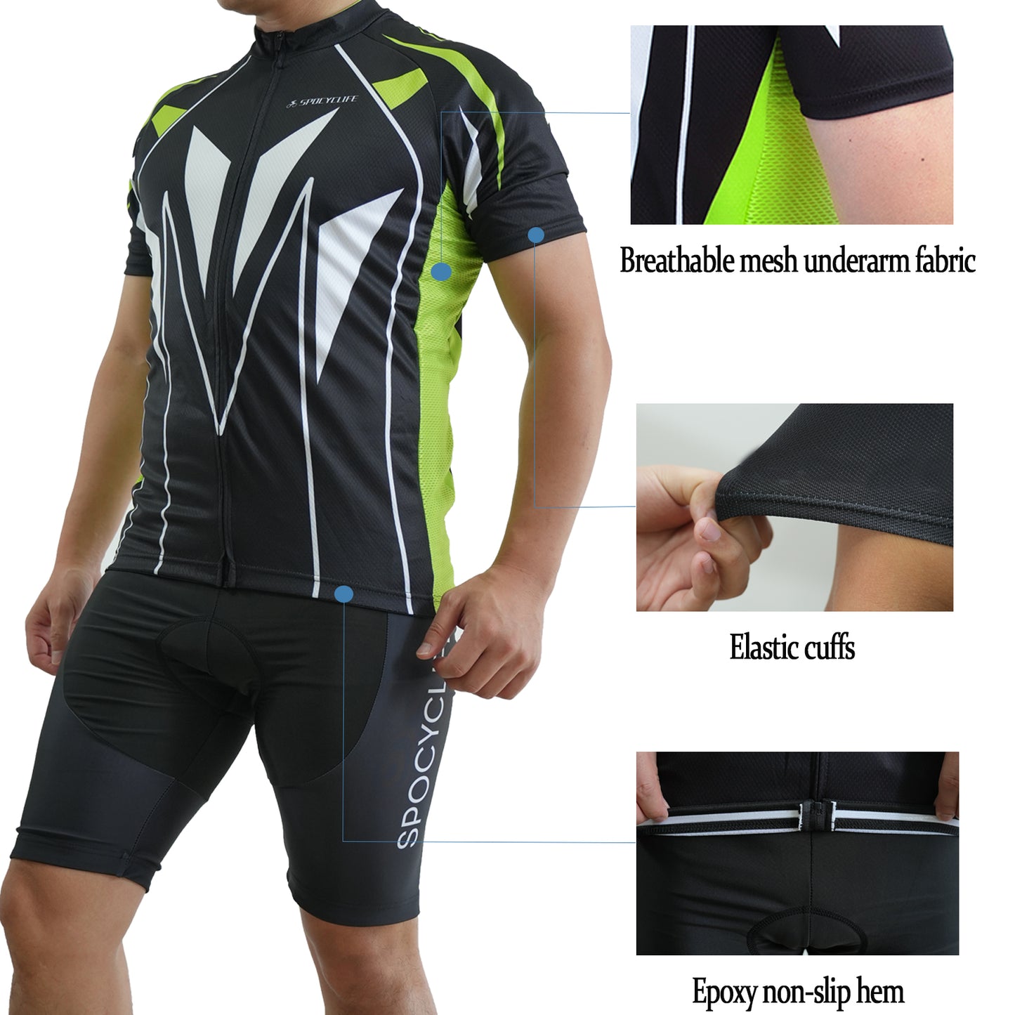 Men Quick Dry Breathable Short Sleeve Cycling Jersey Set With 3D Gel Padded Green Black