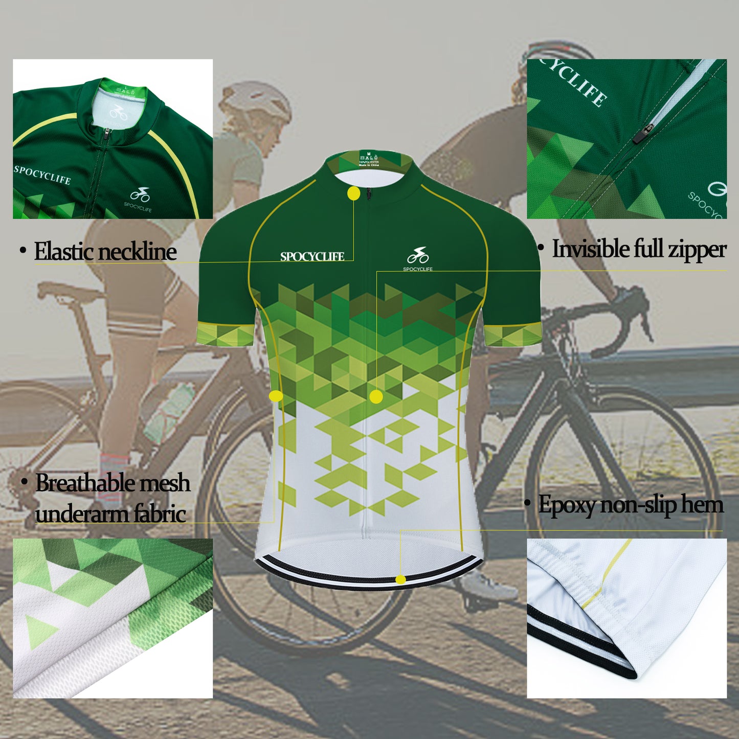 Men Quick Dry Breathable Short Sleeve Cycling Jersey Set With 3D Gel Padded Green White