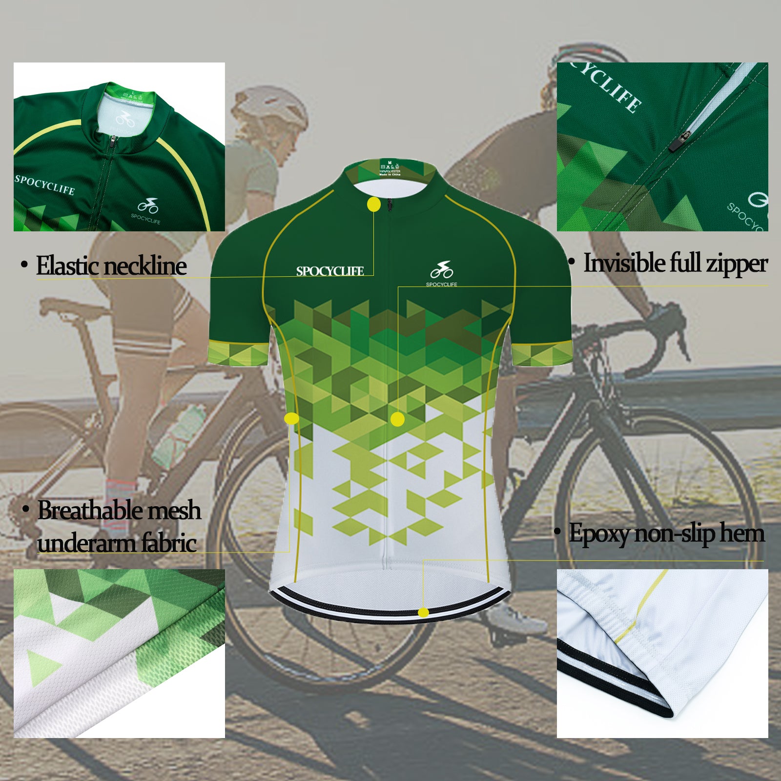 Men Quick Dry Breathable Short Sleeve Cycling Jersey Set With 3D Gel Padded Green White