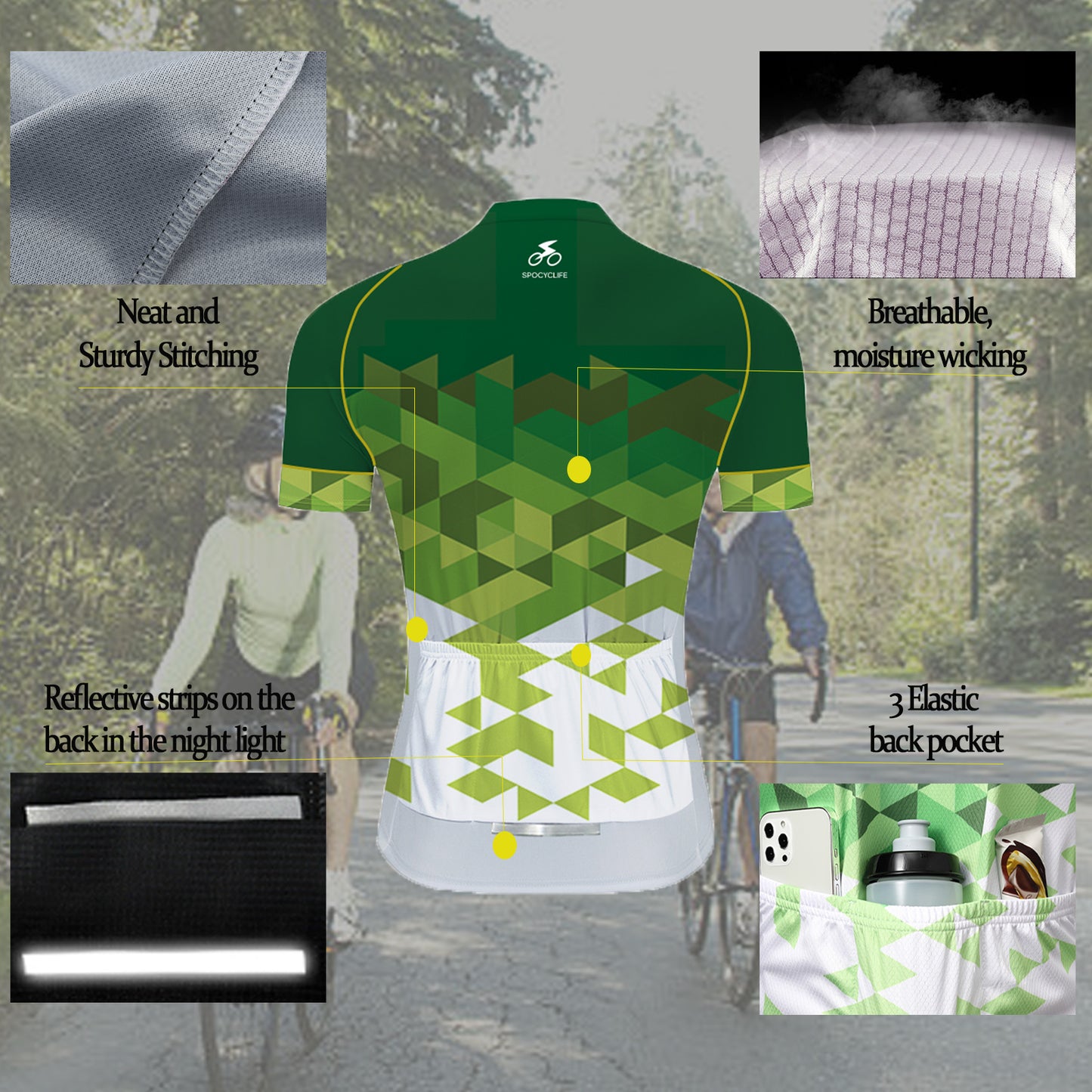 Men Quick Dry Breathable Short Sleeve Cycling Jersey Set With 3D Gel Padded Green White