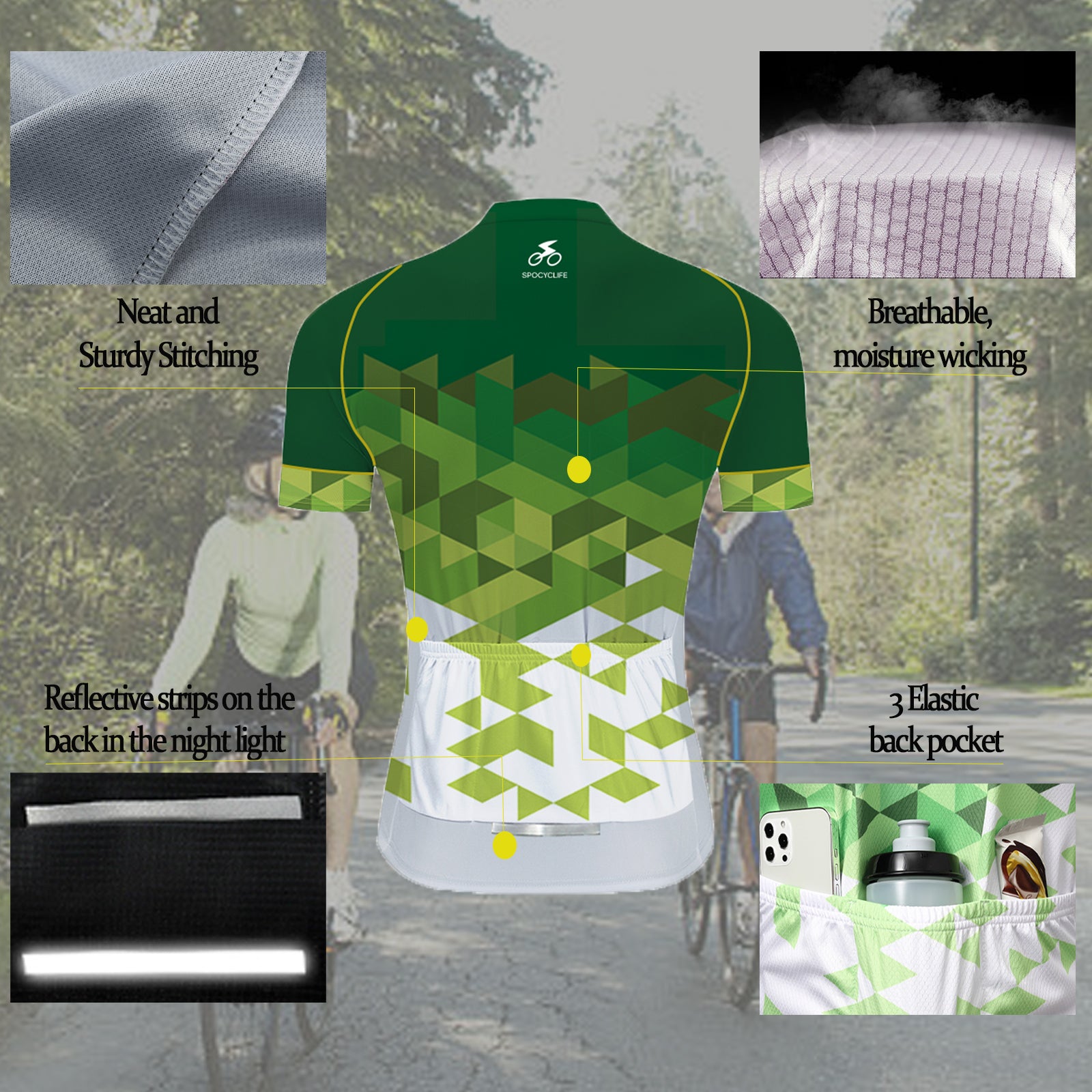 Men Quick Dry Breathable Short Sleeve Cycling Jersey Set With 3D Gel Padded Green White