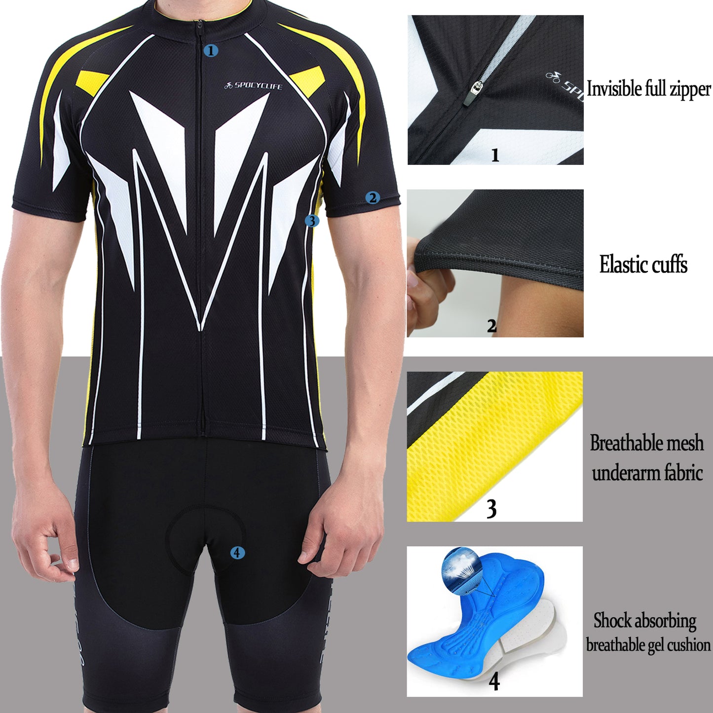Men Quick Dry Breathable Short Sleeve Cycling Jersey Set With 3D Gel Padded Yellow Black