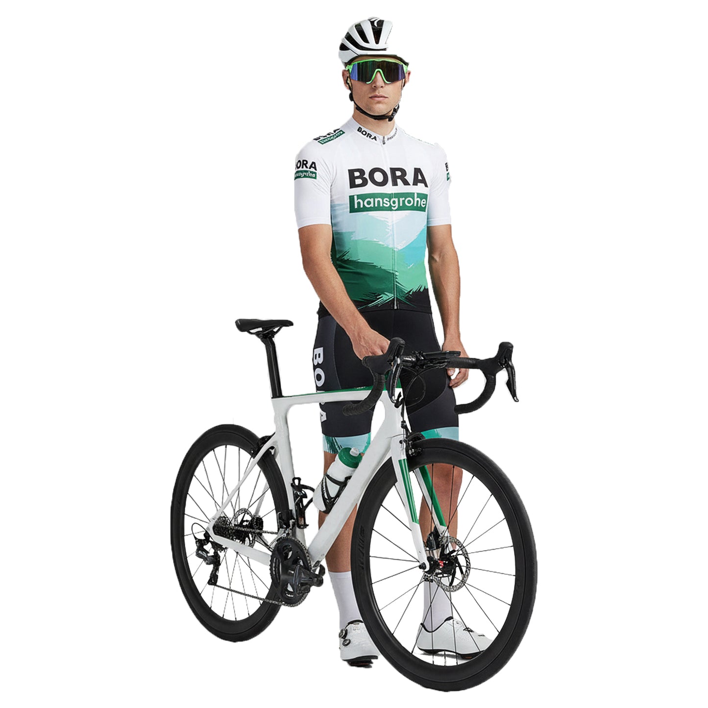 New white green breathable short sleeve BORA–Hansgrohe men cycling jersey set