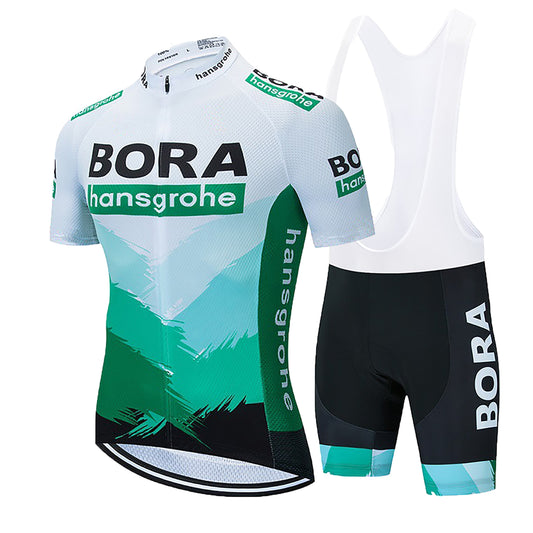 New white green breathable short sleeve BORA–Hansgrohe men cycling jersey set