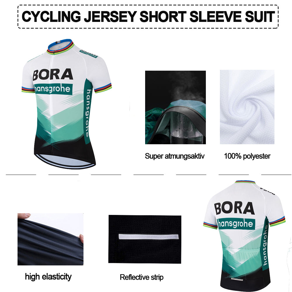 White green short sleeve breathable BORA–Hansgrohe men cycling jersey set