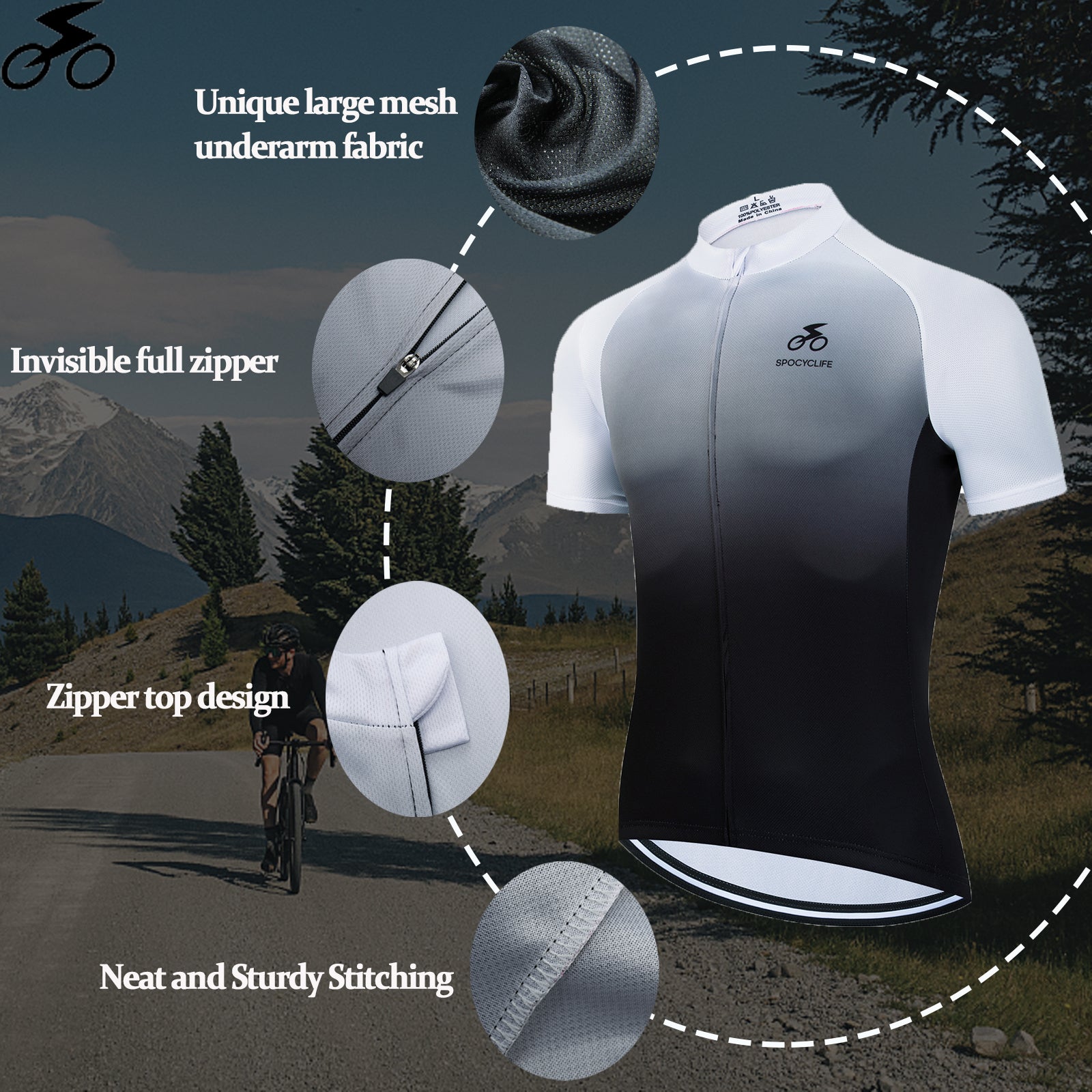 Men Cycling Jersey Quick Dry Breathable Fullzip Short Sleeve Black White