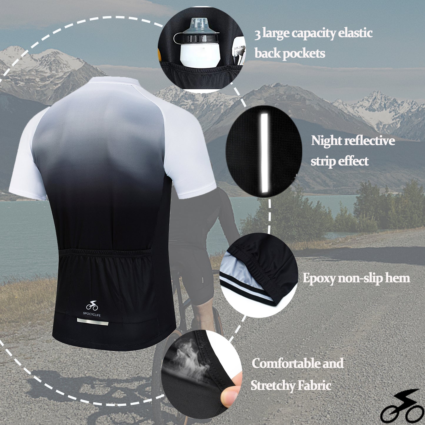 Men Cycling Jersey Quick Dry Breathable Fullzip Short Sleeve Black White