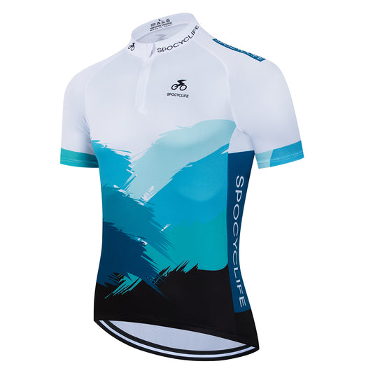 Men Cycling Jersey Quick Dry Breathable Halfzip Bike Shirt Blue White