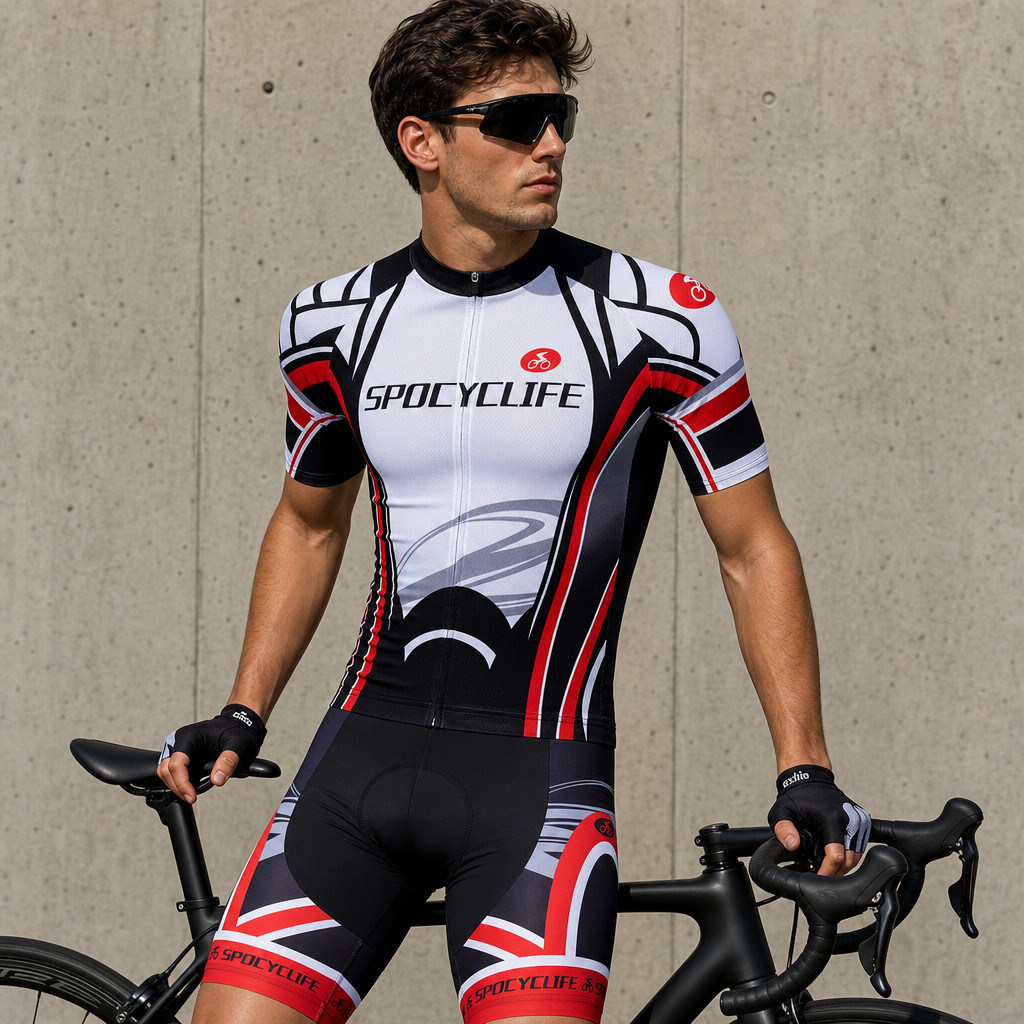Striate Graphic Men's Cycling Jersey Set - Red White